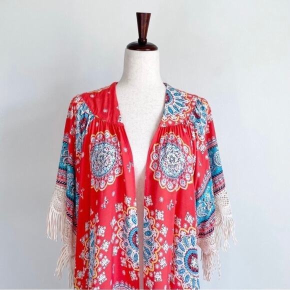 Umgee Colorful Medallion Print Fringe Open Kimono Cover-Up NWT - Picture 2 of 8